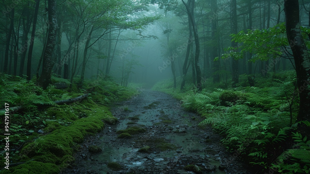 Obraz premium Mysterious misty forest path in Aokigahara with lush greenery
