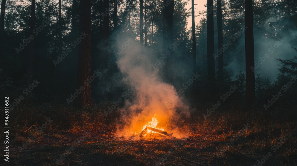 Thick, swirling smoke rising from a campfire in a forest at dusk, with the surrounding trees barely visible through the haze. Thick, swirling smoke rising from a campfire in a forest at dusk, with the surrounding trees barely visible through the haze.