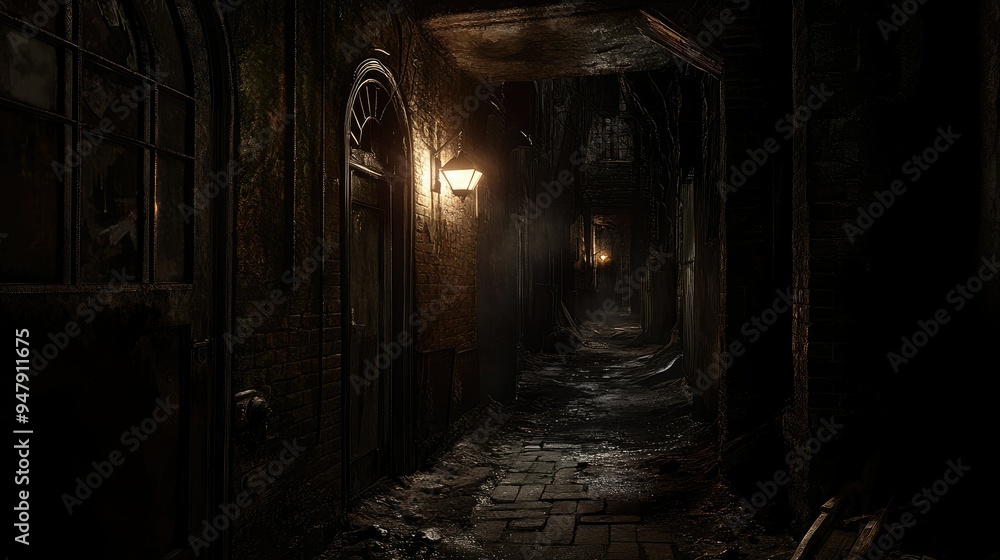 Dark alleyway with flickering streetlights Dark alleyway with flickering streetlights