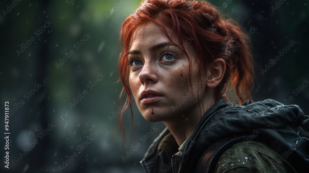 a close-up of a female character with red hair, wearing a fantasy outfit a forest background. She has with a thoughtful expression. a close-up of a female character with red hair, wearing a fantasy outfit a forest background. She has with a thoughtful expression.