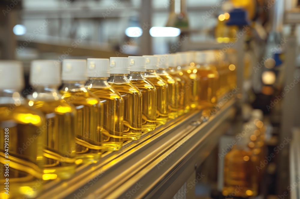 Conveyor belt transporting glass bottles filled with golden argan oil in a modern factory Conveyor belt transporting glass bottles filled with golden argan oil in a modern factory