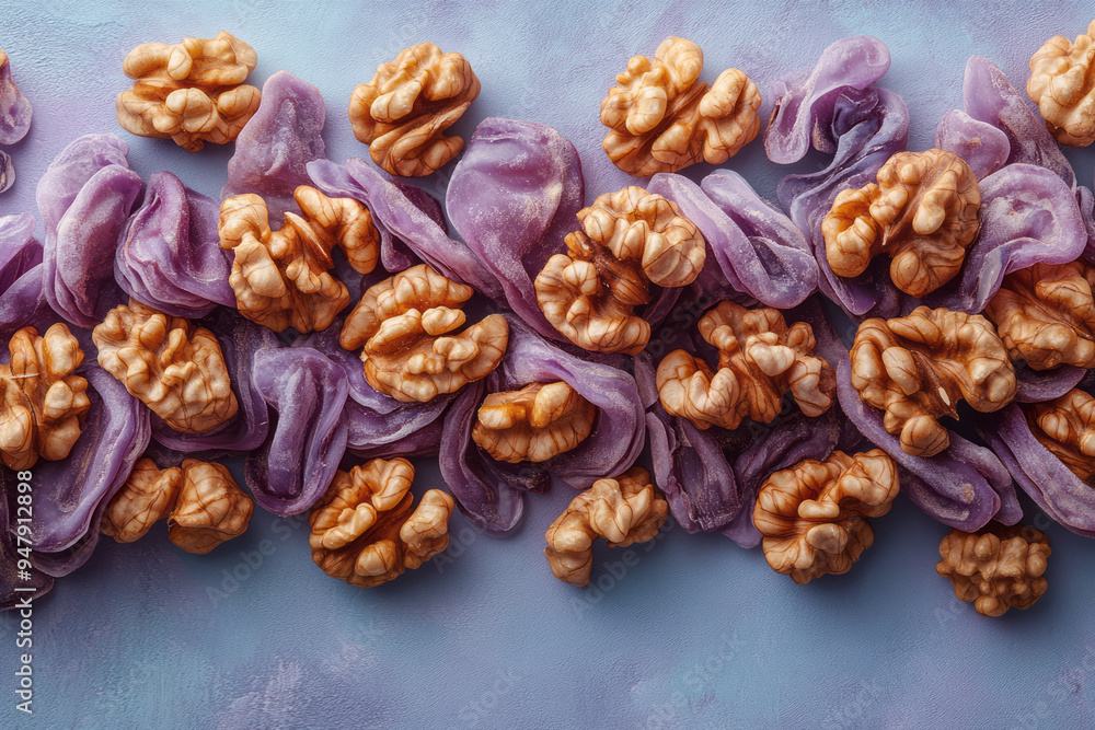 Fragmented walnuts scattered across a pastel lavender surface, Fragmented walnuts scattered across a pastel lavender surface,