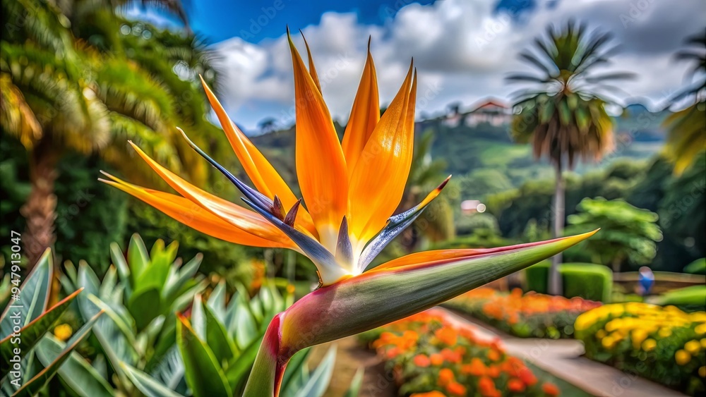 Obraz premium Strelitzia flower blooming in the Botanical Garden of Funchal, Madeira Island, Strelitzia, flower, bloom