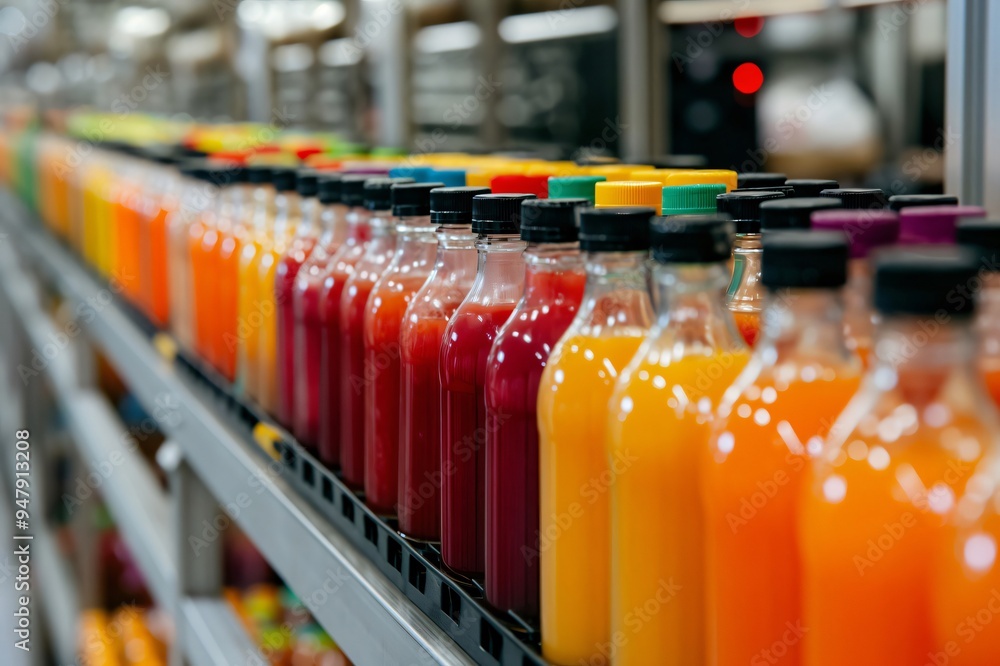 Freshly squeezed juice in glass bottles is standing on a conveyor belt in a beverage factory Freshly squeezed juice in glass bottles is standing on a conveyor belt in a beverage factory