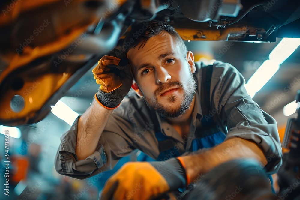Skilled Mechanic Working Under a Car in a Garage Skilled Mechanic Working Under a Car in a Garage