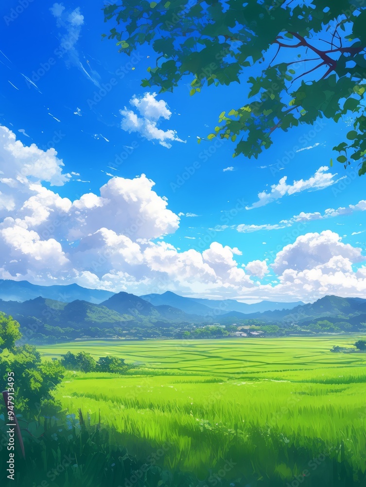 Fototapeta premium Enchanting Anime-Style Natural Landscape: AI-Generated Scenic Adventure with Cinematic Sky and Vibrant Clouds. Colorful Artistic Illustration for Marketing, Cultural Expression, and Versatile Design A