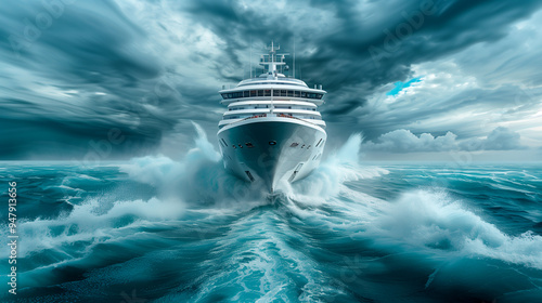 A large ship is in the water, with a storm in the background. The ship is moving through the water, creating a sense of motion and power. The storm in the background adds drama