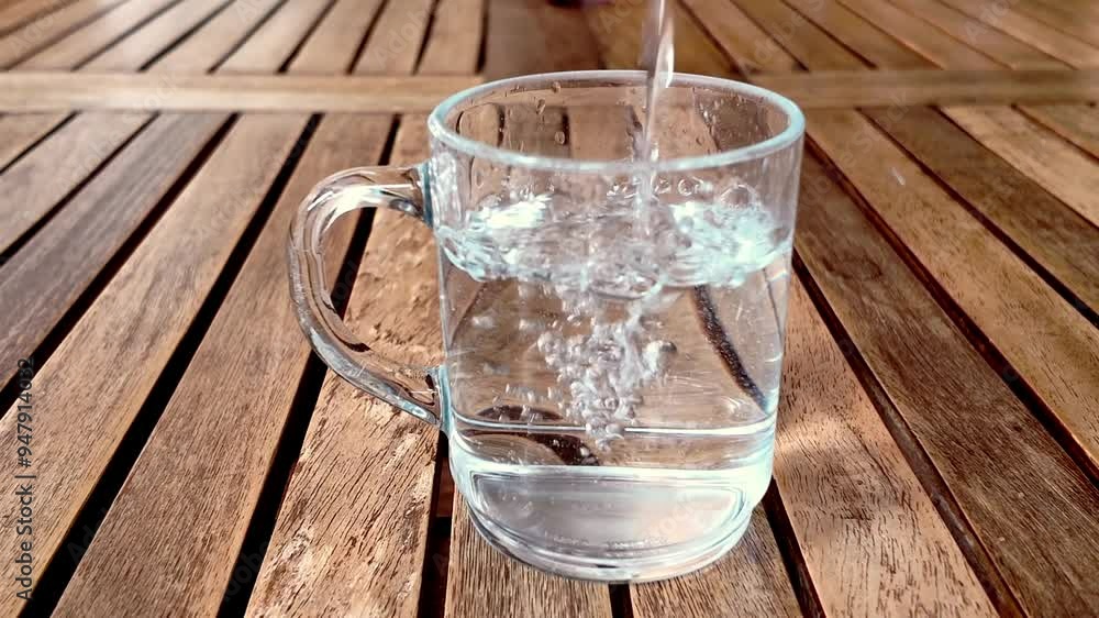 Llenando un vaso de agua sobre una mesa