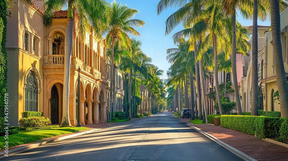 A road lined with palm trees and elegant buildings along a street in Palm Beach, Florida, capturing the upscale and sunny atmosphere of this iconic American destination. A road lined with palm trees and elegant buildings along a street in Palm Beach, Florida, capturing the upscale and sunny atmosphere of this iconic American destination.