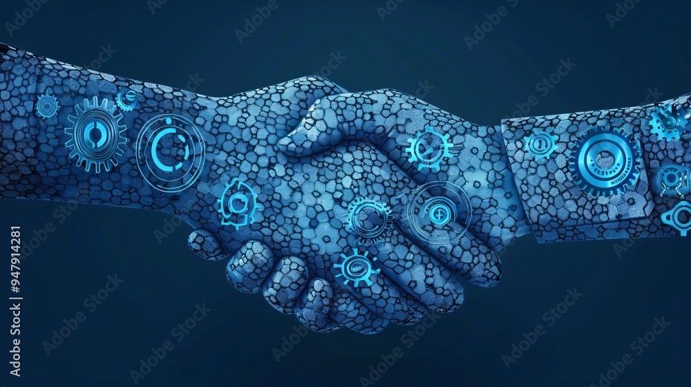 Obraz premium Digital Innovation Embracing the Future of Manufacturing with a Symbolic Handshake