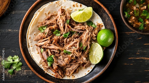 A top view of Mexican carnitas served with a lime wedge and warm tortillas, showcasing the savory, tender pork and vibrant accompaniments ready to be enjoyed.