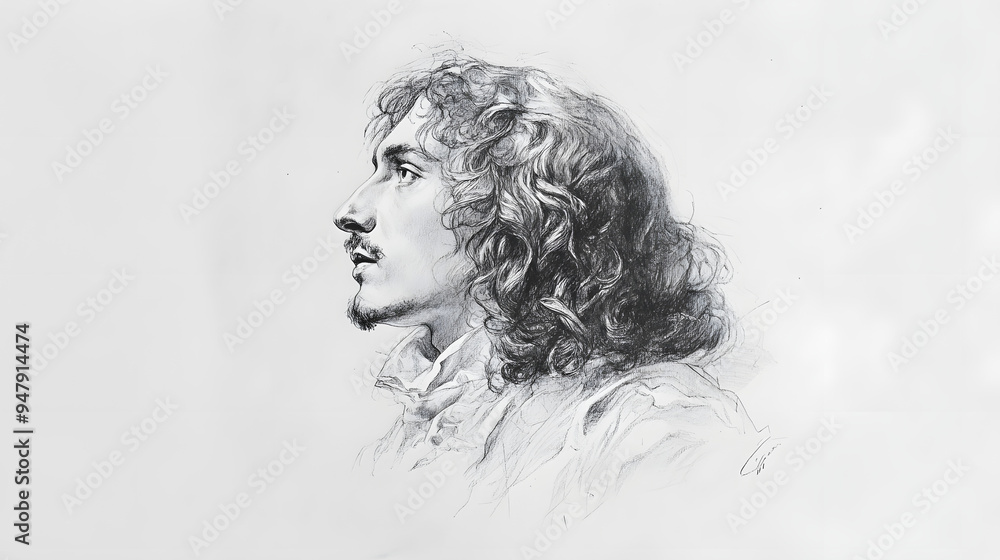 Naklejka premium pencil sketch of Molière (Jean-Baptiste Poquelin) - French playwright famous for Tartuffe and The Misanthrope.