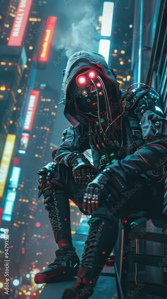 Futuristic cyborg in a cyberpunk city. Futuristic cyborg in a cyberpunk city.