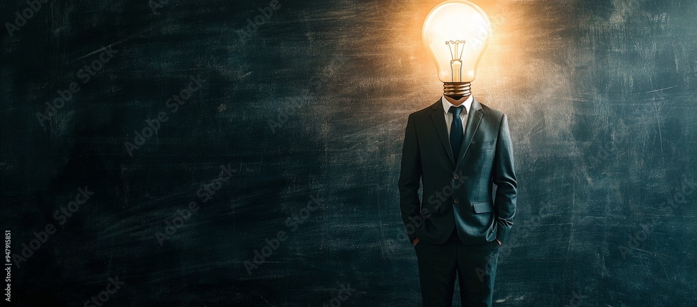 Full-body portrait of a businessman with a lightbulb-shaped head against a blackboard background, Full-body portrait of a businessman with a lightbulb-shaped head against a blackboard background,