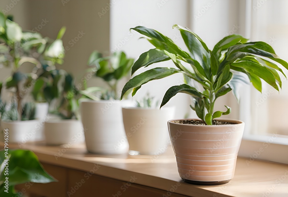 Green Plant in a Pot on a Windowsill. Green Plant in a Pot on a Windowsill.