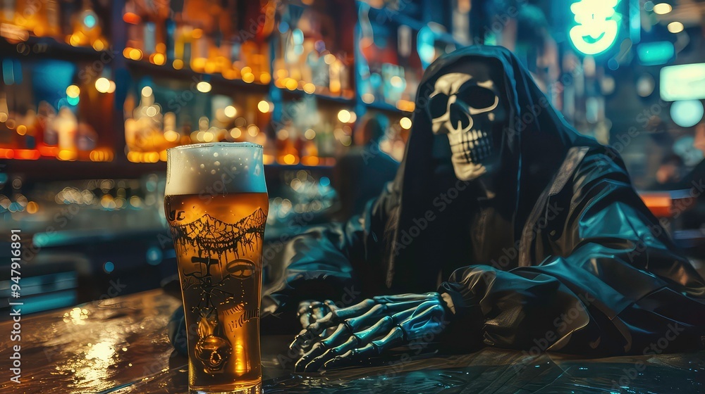 A skeleton wearing a black robe sits at a bar counter, holding a glass of beer. A skeleton wearing a black robe sits at a bar counter, holding a glass of beer.