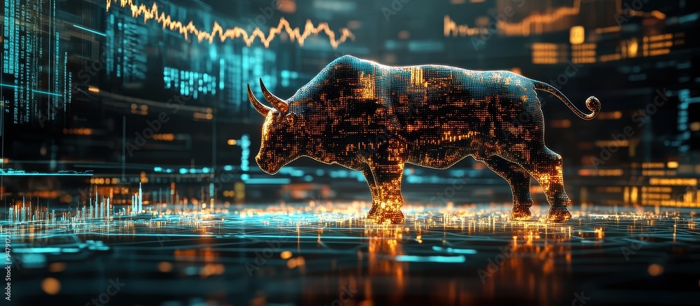 Digital Bull Symbolizing Stock Market Growth with Financial Data and Charts in Background Digital Bull Symbolizing Stock Market Growth with Financial Data and Charts in Background