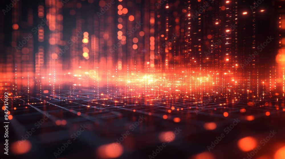 Abstract Digital Grid with Glowing Red and Orange Lights in a Futuristic Cyber Space Abstract Digital Grid with Glowing Red and Orange Lights in a Futuristic Cyber Space