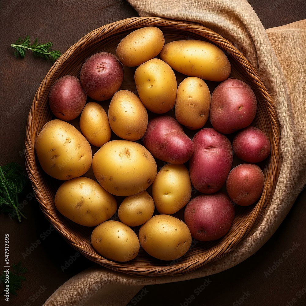 Variety of Fresh Potatoes- Red, Yellow, and Brown. National Potato Day and National Potato Month Variety of Fresh Potatoes- Red, Yellow, and Brown. National Potato Day and National Potato Month