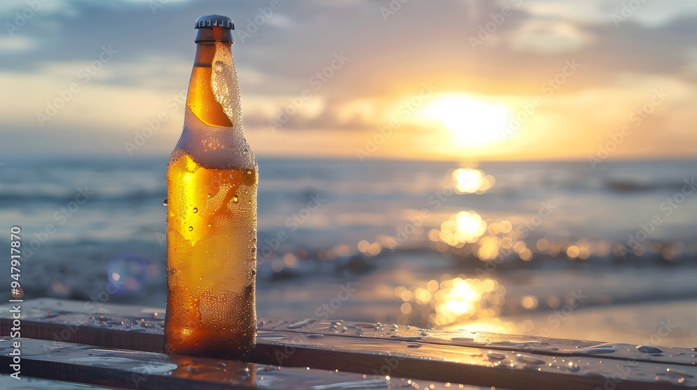 A photo of a cold beer bottle with condensation, on a beach table A photo of a cold beer bottle with condensation, on a beach table