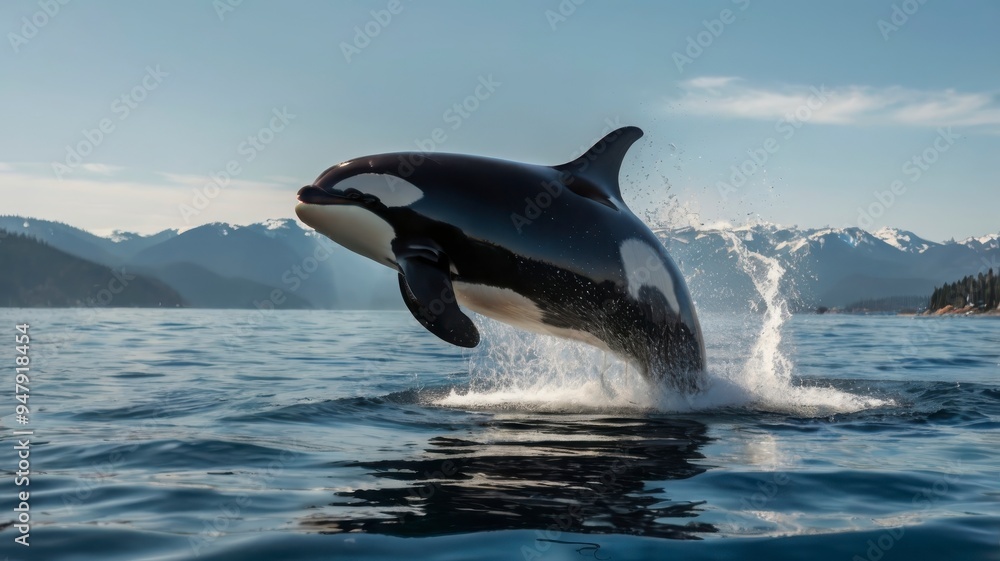 Fototapeta premium Jumping orca whale, ocean splash, transparent background