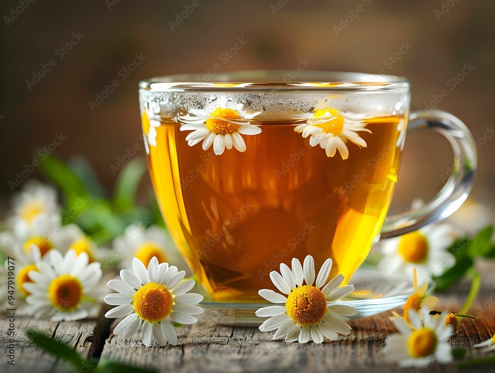 A warm cup of chamomile tea surrounded by fresh daisies on a rustic wooden surface, capturing a serene moment of relaxation A warm cup of chamomile tea surrounded by fresh daisies on a rustic wooden surface, capturing a serene moment of relaxation