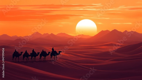 Camel Caravan at Sunset in the Desert