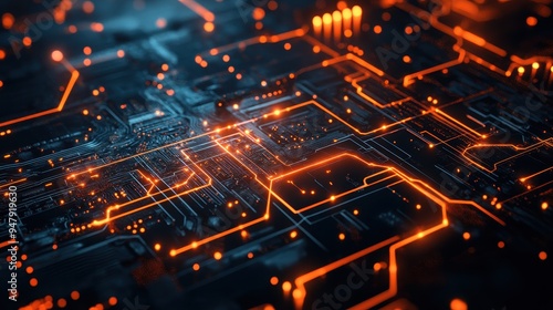 Wallpaper Mural Futuristic Circuit Board with Glowing Orange Lines Representing Advanced Technology and Data Flow Torontodigital.ca