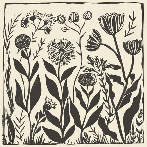 Wild flowers linocut vector illustration with grunge texture. Monochrome linear woodcut illustration.