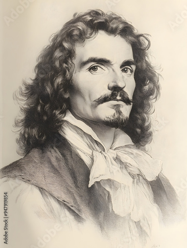 pencil sketch of Molière (Jean-Baptiste Poquelin) - French playwright famous for Tartuffe and The Misanthrope. photo