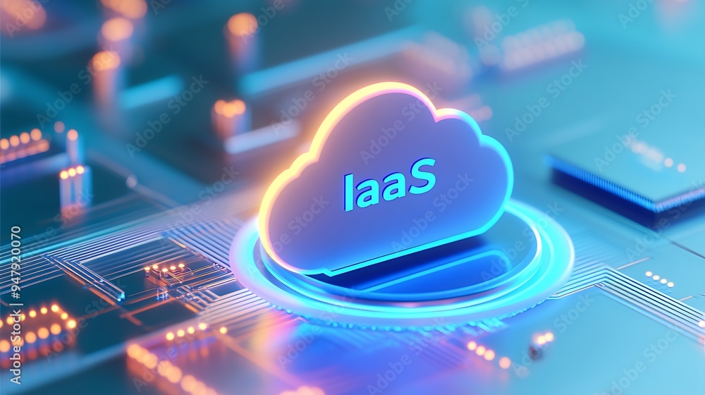 Neon cloud icon with 'IaaS' text on futuristic blue circuit board background, representing Infrastructure as a Service technology. Neon cloud icon with 'IaaS' text on futuristic blue circuit board background, representing Infrastructure as a Service technology.