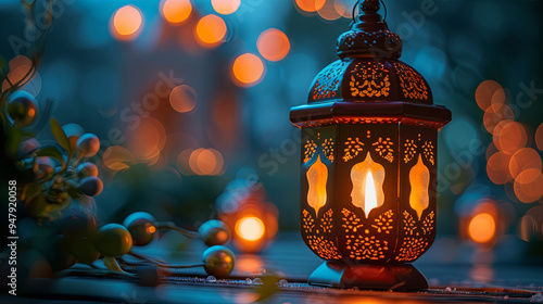 Ornamental Arabic lantern with glowing candle and warm bokeh background