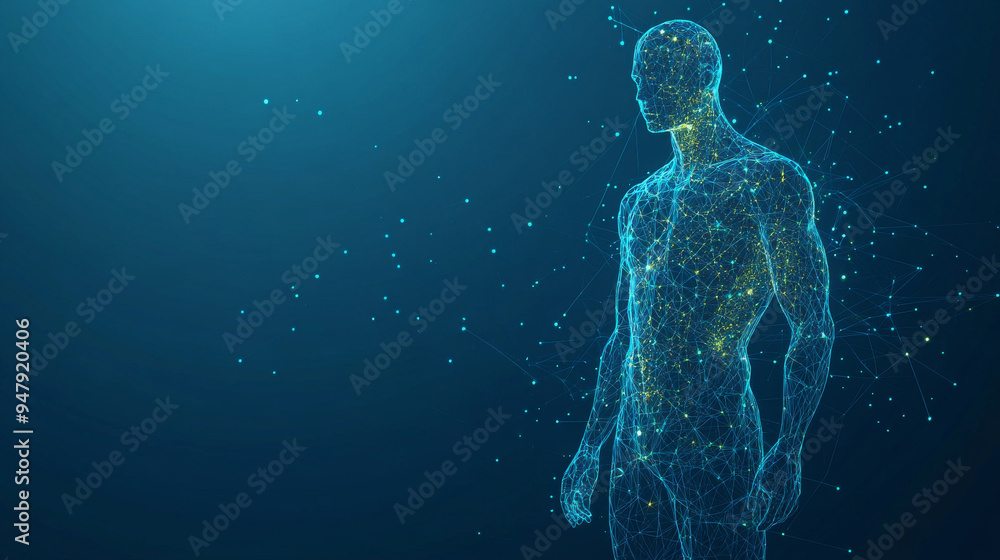 Abstract human body silhouette on a blue backdrop. Polygonal upper torso of an adult male, composed of geometric shapes, particles, lines, and interconnected points. Digital representation for health Abstract human body silhouette on a blue backdrop. Polygonal upper torso of an adult male, composed of geometric shapes, particles, lines, and interconnected points. Digital representation for health