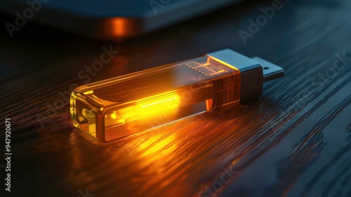 A close-up of a transparent Universal Serial Bus drive glowing with yellow light on a dark wooden surface. photo