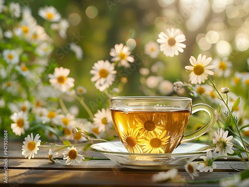 A tranquil cup of herbal tea surrounded by blooming daisies in a peaceful garden during golden hour