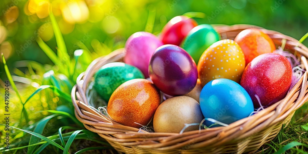 Close-up of colorful Easter eggs in a basket, Easter, eggs, colorful, basket, holiday, decorations, spring, pastel Close-up of colorful Easter eggs in a basket, Easter, eggs, colorful, basket, holiday, decorations, spring, pastel