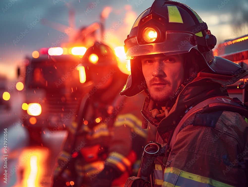 Firefighter working during a dramatic sunset rescue operation near a fire truck in a rain-soaked city street Firefighter working during a dramatic sunset rescue operation near a fire truck in a rain-soaked city street