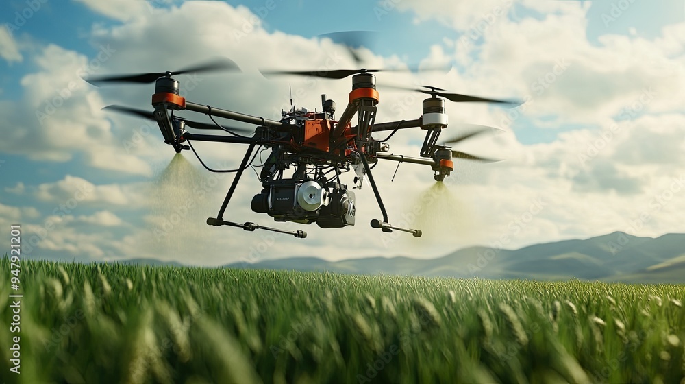 A detailed shot of a drone equipped with spraying equipment, hovering over a green field, ready to apply pesticides.