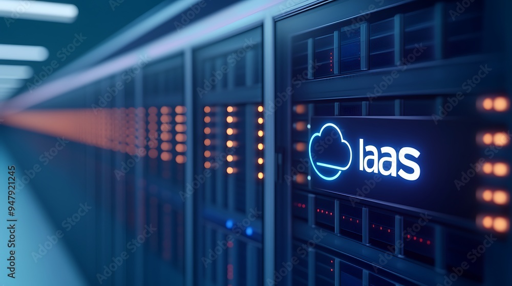 Fototapeta premium Server room with illuminated IaaS sign, highlighting modern cloud computing infrastructure and technology.
