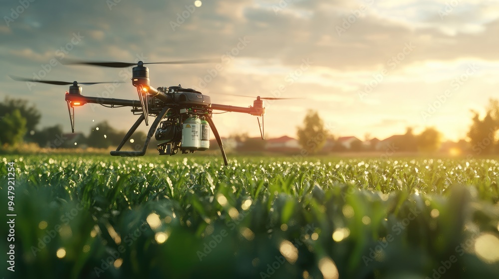 A detailed shot of a drone equipped with spraying equipment, hovering over a green field, ready to apply pesticides. A detailed shot of a drone equipped with spraying equipment, hovering over a green field, ready to apply pesticides.