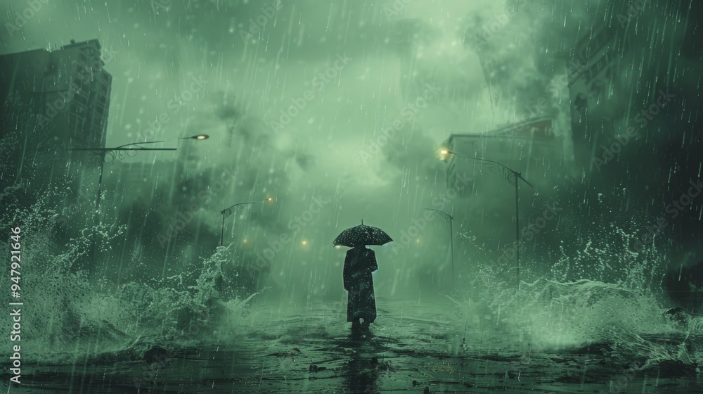Obraz premium Surreal artwork of a man with an umbrella on a stormy day