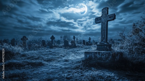 Creepy graveyard under moonlit sky