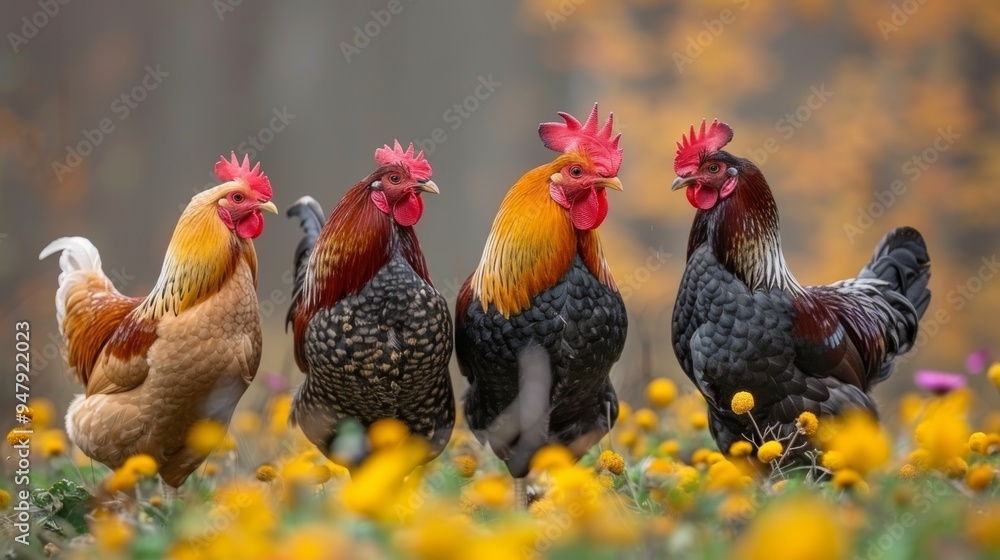 Fototapeta premium Vibrant rooster and hen group in a colorful meadow landscape