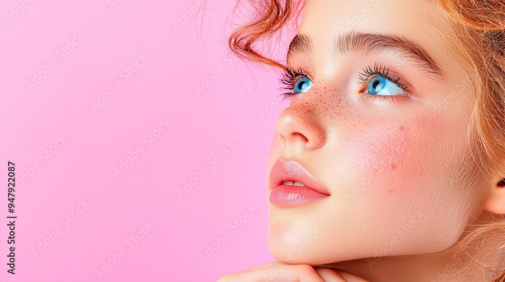 Teenage girl with acne around her mouth, looking away with a thoughtful expression Teenage girl with acne around her mouth, looking away with a thoughtful expression