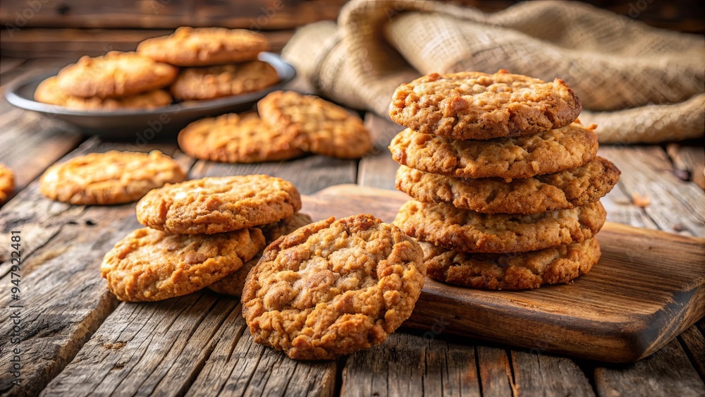 Close-up of freshly baked Anzac biscuits on a rustic wooden table, Anzac biscuits, vintage recipe, homemade, traditional, Australian Close-up of freshly baked Anzac biscuits on a rustic wooden table, Anzac biscuits, vintage recipe, homemade, traditional, Australian