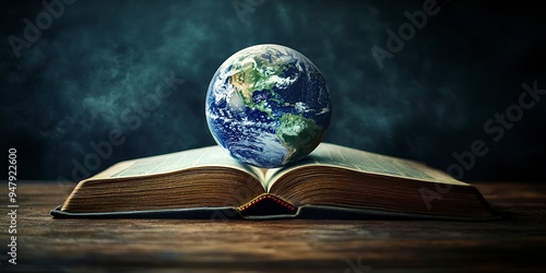 Fototapeta Naklejka Na Ścianę i Meble -  A tale of global connection, Earth floats above an open book, bridging cultures with education