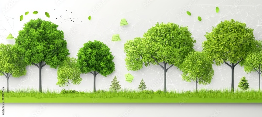 Fototapeta premium Panoramic View of Lush Green Trees in a Row on a White Background with Paper Butterflies