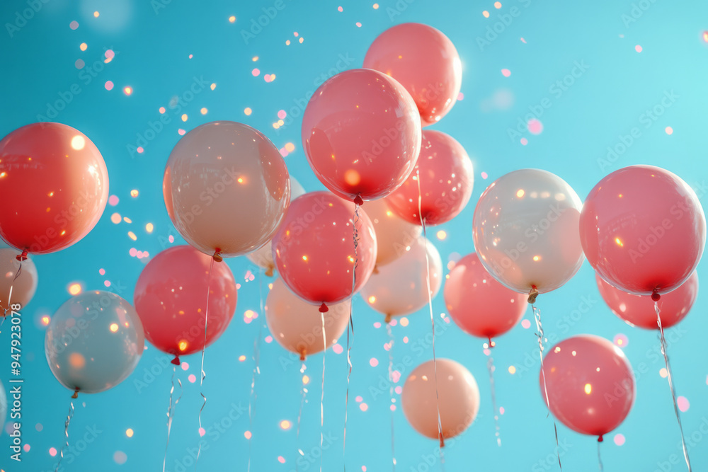 Floating New Year balloons in a light pastel blue sky, Floating New Year balloons in a light pastel blue sky,