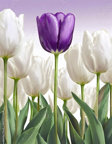 The illustration of purple tulips amidst a field of white tulips and green leaves looks bright.