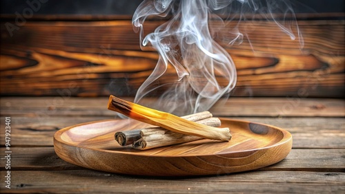 Burning and smoking palo santo on a wooden plate, holistic, cleansing, purification, aroma, sacred, spiritual, traditional
